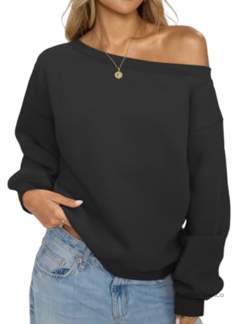 Off Shoulder Fleece Sweatshirt Cropped Long Sleeve Pullover